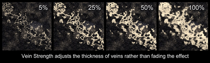 A comparative chart illustrating the Vein Strength setting of the the AoA Rock Shader.